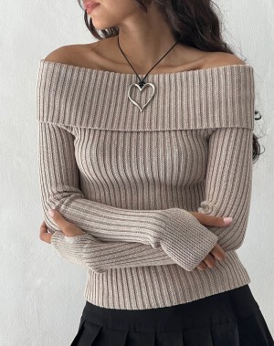 Motel Rocks Circe Off-shoulder Long Sleeve Knit Top Pullover Damen Beige | CTC92100NL