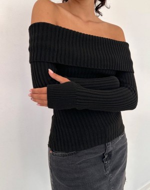 Motel Rocks Circe Off-shoulder Long Sleeve Knit Top Pullover Damen Schwarz | FPC7344HD