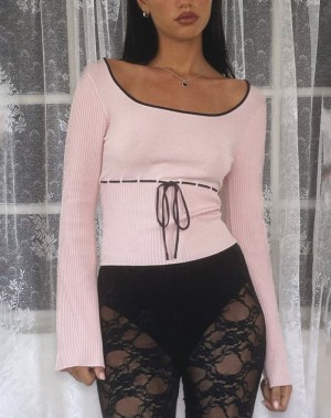 Motel Rocks Juhye Gestrickt Long Sleeve T-shirts Damen Rosa Schwarz | SJY6257KL