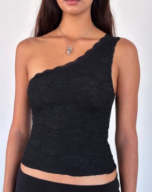 Motel Rocks Moira One Shoulder Spitze Weste Damen Schwarz | OXP345TX