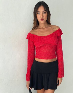 Motel Rocks Soka Bardot Frill Kurz Geschnittene Oberteile Damen Rot | FPX81HV