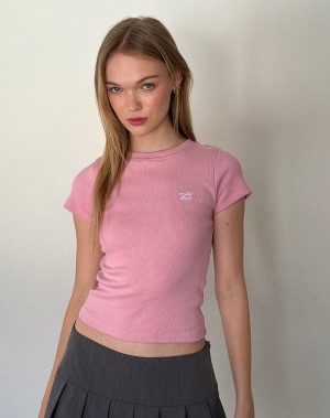 Motel Rocks Suti Gerippt Tee T-shirts Damen Rosa Weiß | GCS6575PZ