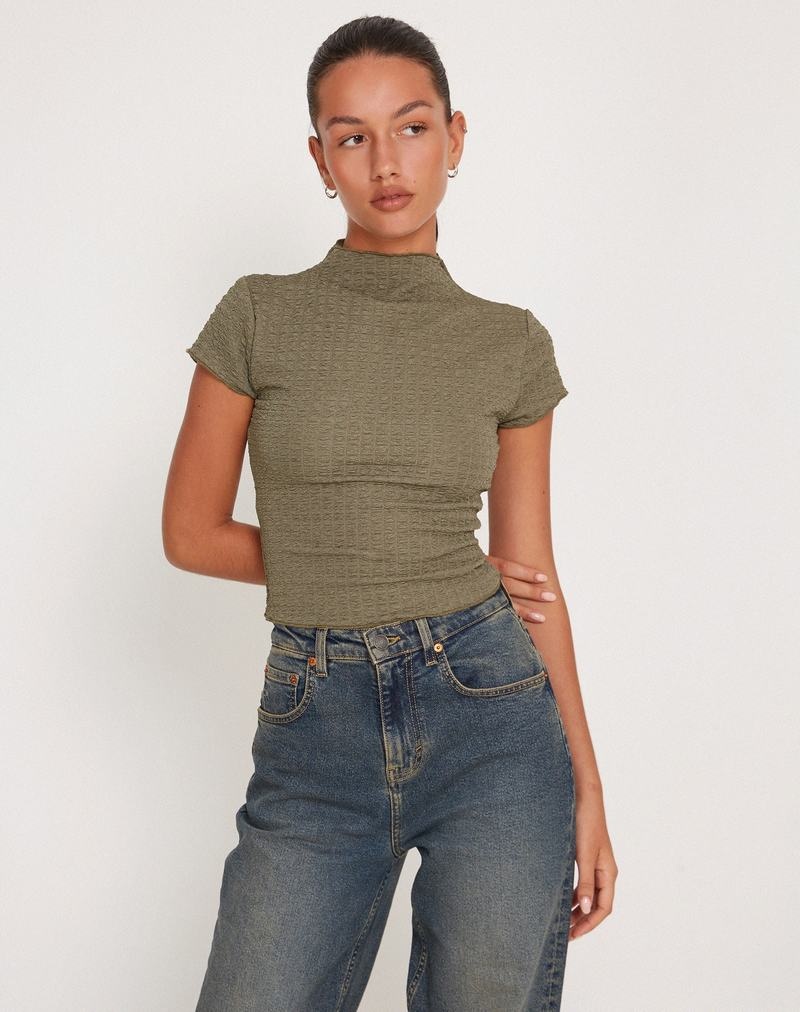 Motel Rocks Elton High Neck T-shirts Damen Khaki | EFE2689EE