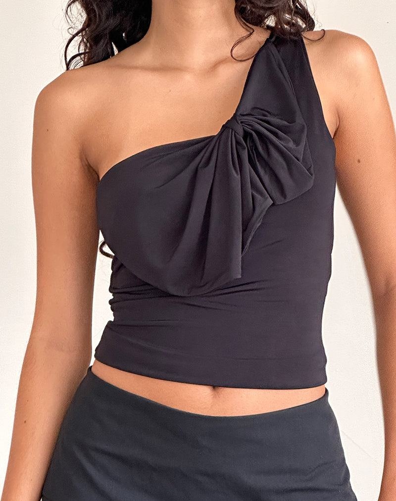 Motel Rocks Jovie One Shoulder Slinky Bow Weste Damen Schwarz | LDR8550ZF